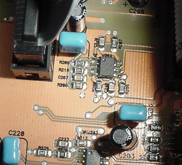 Occam By-Pass Mod - Signal Input Points, C201/202 Ch1 (upper center near connector - blue film & NP electrolytic) and C203/204 Ch2 (bottom right - blue film & NP electrolytic)