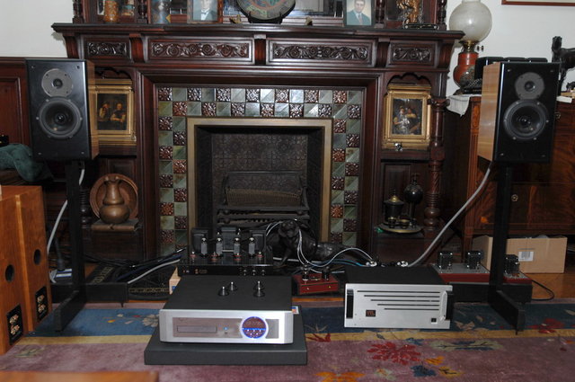 2nd system setup upstairs - consisting of VTL amp, Cayin tube CDPlayer, diy made speakers...