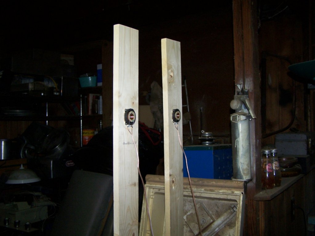 Exciters mounted to frame. It is so long because I will need it that way for testing, but once the concept is proved I will cut them down to final size. They will mount from the slanted ceiling, and I must deal with each one separately in order to get them the proper distance on each side to make them level.
