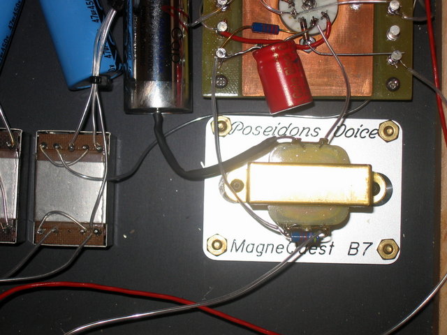 Poseidons Voice inside view w/Magnequest B7 closeup - Magnequest B7 Nickel Core Parafeed output transformers
VH Audio OIMP capacitors
Lundahl 1676 input transformers
Front Panel Express designed plate for B7 transformers