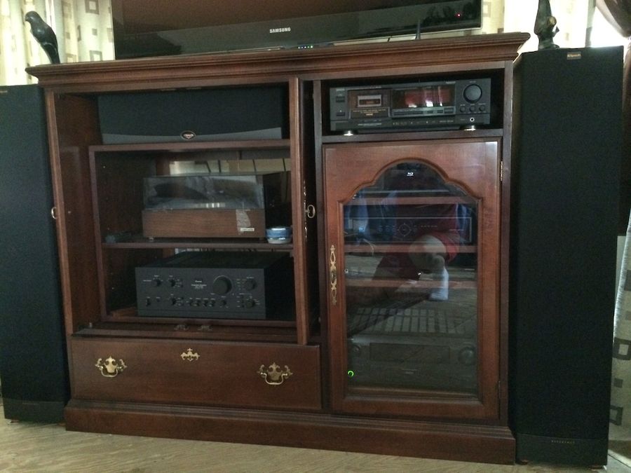 modified entertainment center, with Sansui AU-719 and Dual 1219 turntable