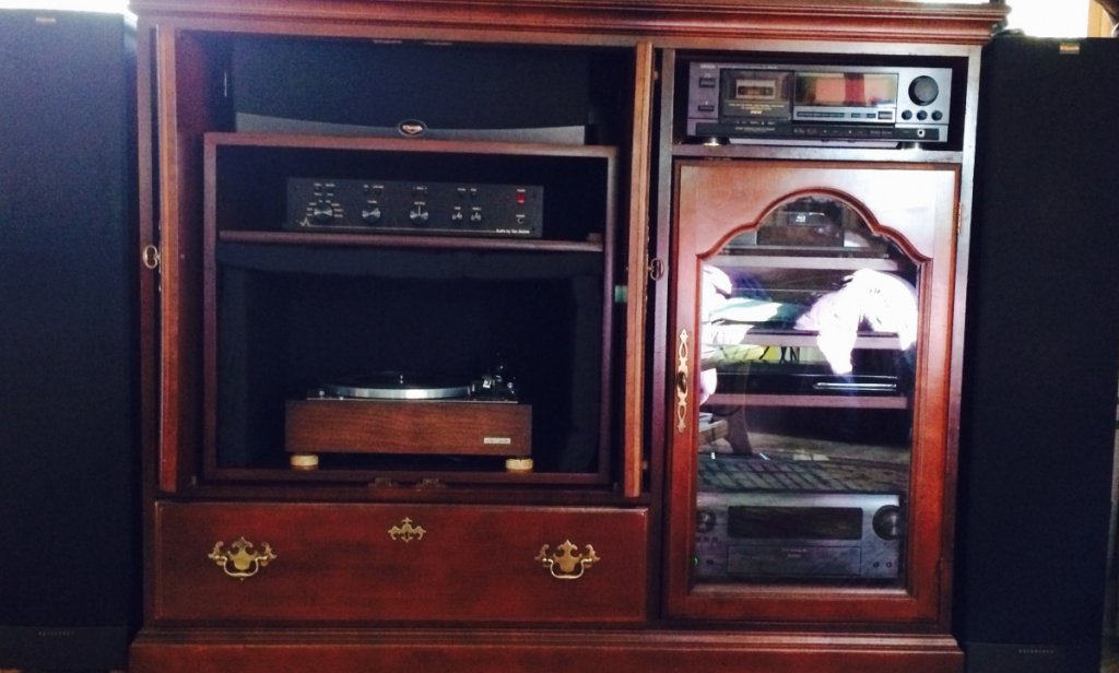 Entertainment center with new Van Alstine preamp and sound deadening treatment.