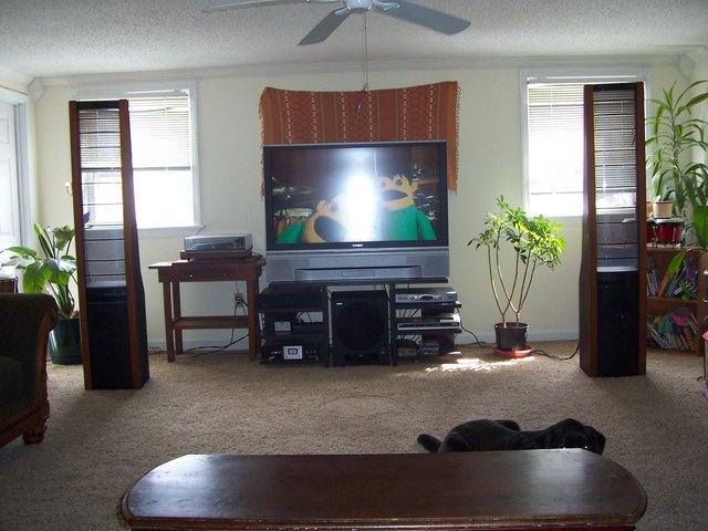 the room, from the sweet spot. - workin' on the drapes/blinds. Even have permission for some wall treatments on each side...so that should help w/the echo. I really need 6 of them though.
: )