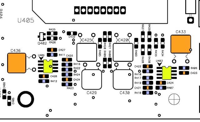 DC servo components located in my favorite spot under the wind tunnel! R431/432 1.0M ohm input resistors not shown (Ch1/2 respectively). Op amp is a TL072 (light green). Caps are orange and resistors are light purple.