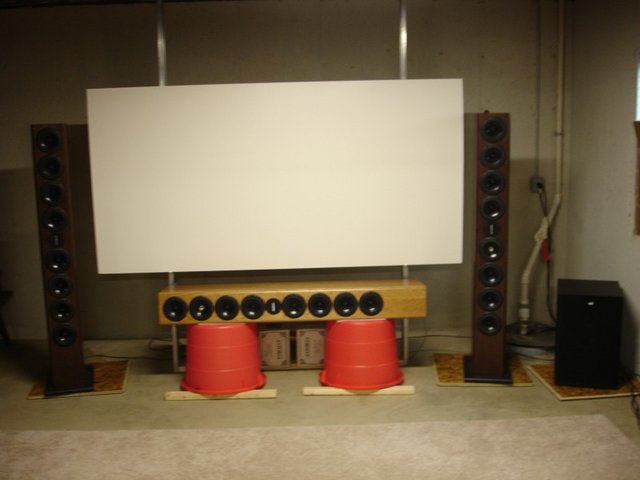 Basement Theater Speakers - 3 x RAW RA-8's (2 shipping damanged walnut, 1 shipping damaged Maple)
1 x MK MX-200 sub (soon to be 2 when I lug the other down, these are for sale!)
Screen: < $40 homemade Parklands plastic screen
Projector: Infocus 4805