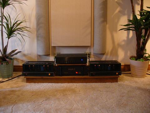 These are the older VTL Deluxe 100 monos, along with the venerable and as aged Electron Kinetics Eagle 2a. On top is the mono Dayton 1000W plate amp for the temporary loaner subwoofer. You can also see some of my acoustic treatments. Yes, the artificial plants are acoustic treatments. They work especially well with dipoles to aid in diffraction / diffusion.