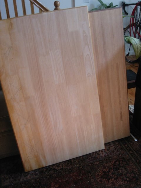Table tops: sanded and ready to be cut, stained, poly'd and assembled.