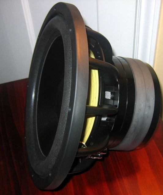 XJ 12 side angle view - Paper Cone- Venezuela Basket - XBL2 Brahma Motor - 27 to 29 mm X max - Qts ~ 0.6 - Ideal dipole subwoofer