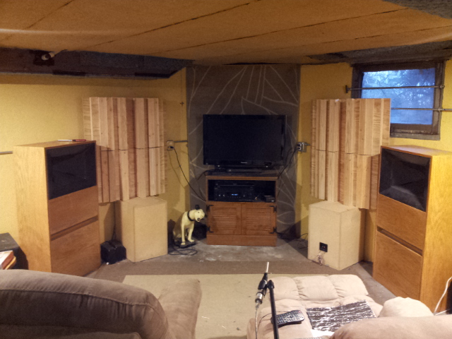 Basement listening setup with DIY diffusers