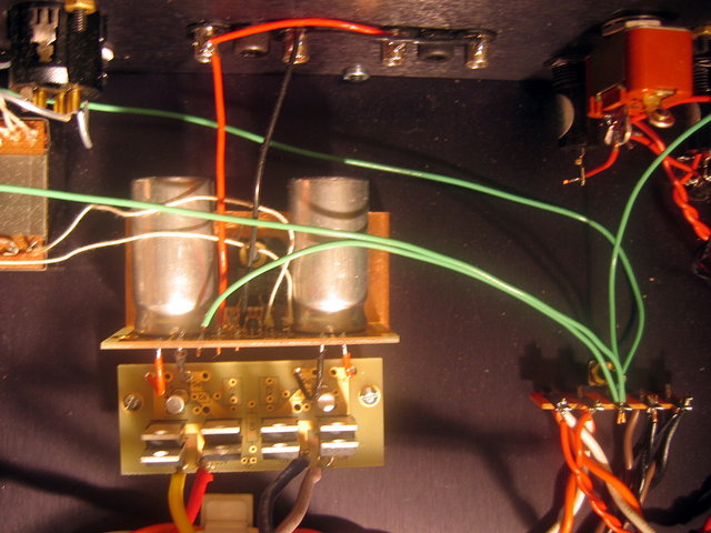 Amp and power supply module - LM3875 gainclone amp module. Cryogenically treated.
1000uf/50V Black Gate FK bypass caps (nude)
Audionote Tantalum film input resistor
Caddock MK132 for feedback resistor
Black Gate NX caps for power supply
MUR 860 rectifiers
VH Audio wiring.