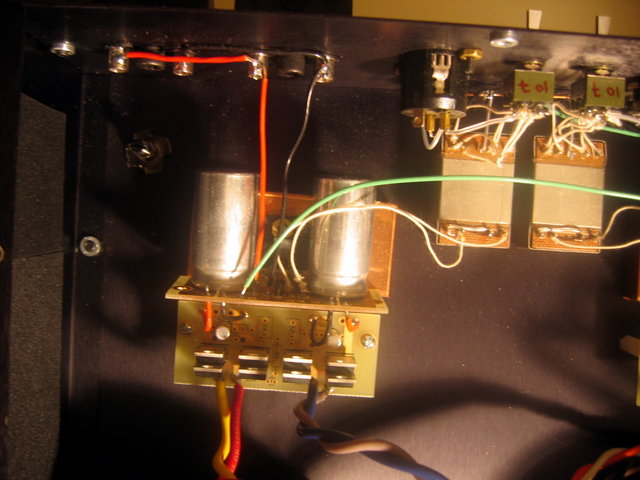 Amp and power supply module - LM3875 gainclone amp module. Cryogenically treated.
1000uf/50V Black Gate FK bypass caps (nude)
Audionote Tantalum film input resistor
Caddock MK132 for feedback resistor
Black Gate NX caps for power supply
MUR 860 rectifiers
VH Audio wiring.