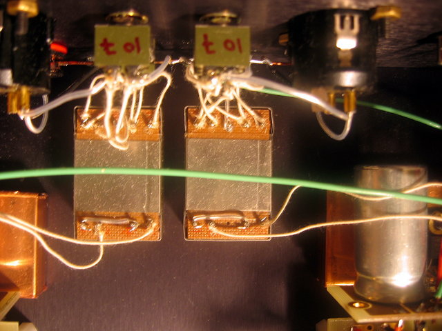 Input transformer detail - Lundahl 1676 amorphous core input transformers with Nikkai switch to provide either 24 dB total gain or 30 dB total gain.
VH Audio silver wire and Homegrown Audio silver wire.