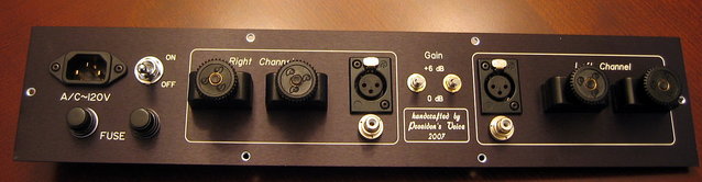 Poseidons Voice Anjali Rear panel - Furutech AC, ACME fuses, Nikkai switches,Cardas binding posts, WBT style RCA jacks, Neutrik XLR's