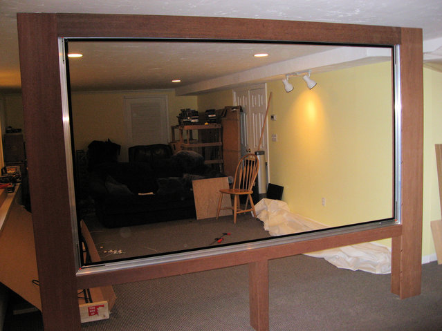 view from behind the screen frame, mahogany trim is complete and the actual screen frame is in place (without the fabric)