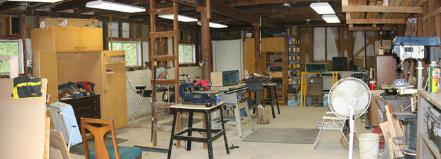 My woodshop - This really isn't a wide angle lens. I stitched a pair of photos together to take in most of my 25x35 barn converted to my woodshop.