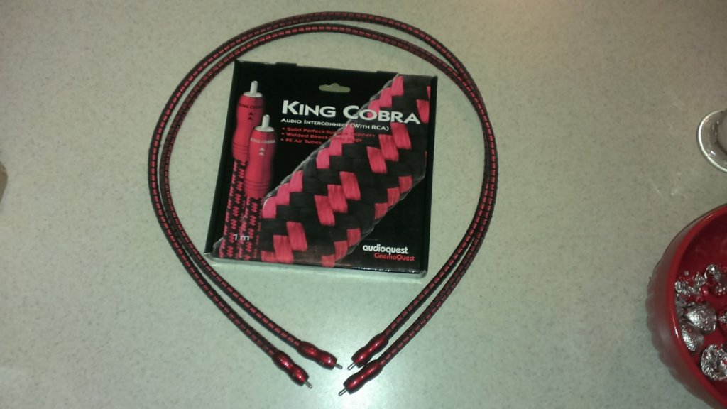 Audioquest King Cobra (RCA Interconnects) 1.0 meter pair. Bought new from local dealer. 100% Authentic.
Great condition. $80.00 shipping included. Retail $200.00
http: /audioquest.com/pdfs/analog interconnects/king cobra.pdf