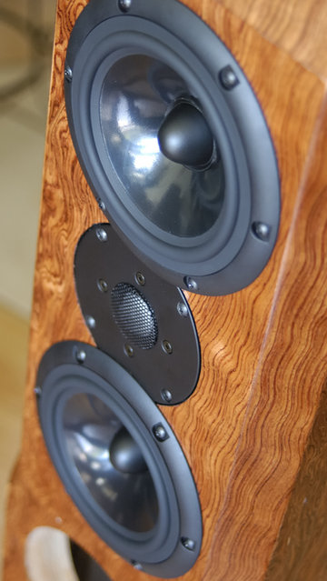 Rebuilt MTMWW - The GR MTMWW undergoing rebuild, much deeper 45 degree chamfer cut on front baffle, lots of new veneer and finishing work ... but of course the whole point is the upgrades to M-130x XBL midwoofers and Visaton KE25SC ceramic tweeter. Now that everything is mounted on the baffle, I'll measure them and use these to model my first crossover attempt. Bottom two woofers will remain GR M-165x, but more volume is added to the cabinet so that I can port it.