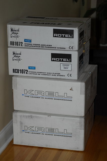 Boxes of Krell and Rotel equipment