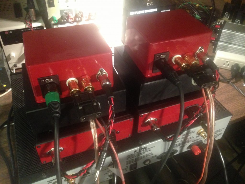 Pretty Desktop Maraschino Cherry Amplifiers on the test bench