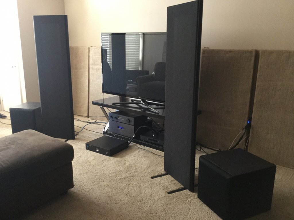 Maggie 1.7i with dual Rythmik F12G, Odyssey Stratos HT-3 with all upgrades, Odyssey Candela pre-amp, Equitech Son of Q Jr. on the ground in the middle