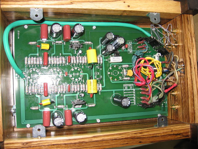 Cornet 2 internals, note that phono cabling is direct to PC board with silver-teflon wires, shielded in green tubing.