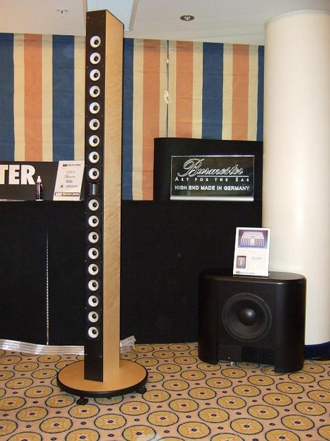 Adyton Imagic 2.0 and AP minos sub, one pr speaker.
Notice the circle pattern on the carpet..
Audiocircles? Hehe. Well, I just noticed it myself!
Anyway, this speaker is able to soak up 900w continously...93db sensitive. 
80hz to 100.000hz , so subs are needed obviously. 
This is the most sold "ultra" Hi-End speaker in Norway I'm told.
Think Pipedreams married to Martin Logan larger models and 
you've got a general idea of how these towers treat the signal.