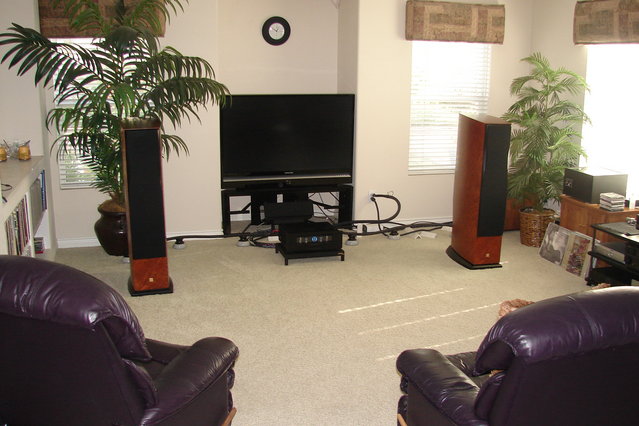 Room View 1 - The Dali Euphonia MS5 speakers are the latest addition to the system. These speakers are drop dead gorgeous and sound amazing!!! 
Listening space is 16 W x 23 L X 9 H and part of open space floor plan. Soundstage is wide and deep. Bass goes deep and is very articulate.