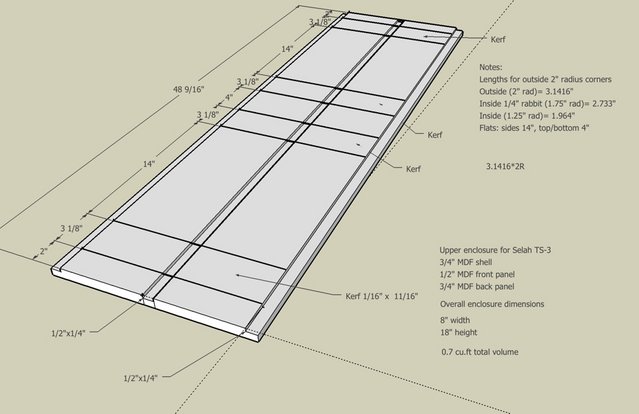Selah TS-3 Upper cabinet shop drawing - Drawing of the single MDF piece which forms the cabinet shell for TS-3 upper portion. Front panel, back panel and internal brace serve as the form for wrapping the outer shell. Overall cabinet dimensions are 8"x 18" x 14"deep