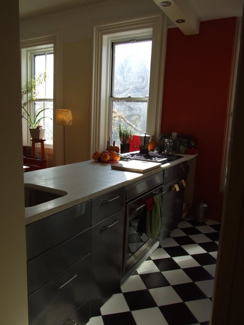 Gallery Kitchen Island counter - Marble countertop/ bar sink/ Storage / Built-in oven/ Stovetop w. venting.