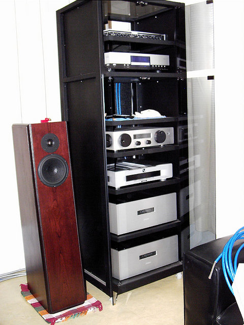 My audio system as of mid December, 2007 - From top: 

Behringer Ultraflex 3200
Cary CDP-1
Odyssey Tempest SLB full Extreme (Mu Metal transformer)
PS Audio Quintessence Power Center
Odyssey Stratos Mono Extreme SE
Odyssey Lorelei
Groneberg cable TS Premium, Quattro Reference, Serie 3 (Behringer-Tempest loop)
Rack Obelisco mfrd in Mexico.
(Not shown) Groneberg HFT power strip
(Not shown) Viablue Tri Absorber feet beneath Loreleis