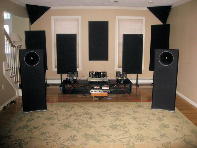 Front of room as of 12-29-07 - Emerald Physics CS2's with Bella Extreme 100's on the woofers & a McAlister PP-150 on the tweeter. Modified DCX2496 in place of the stock one. Front end is a Bolder Cable Statement SB3 with Ultimate Nirvana Power Supply. Black Sand Statement One power cords on the Bella 100's and Black Sand Silver Reference Mk V on everything else. All cords are plugged into a Running Springs Audio Haley. Bella 100's are using VH Audio Symmetry XLR ic's and the PP-150 is using VH Audio Spectrum Cu rca ic's