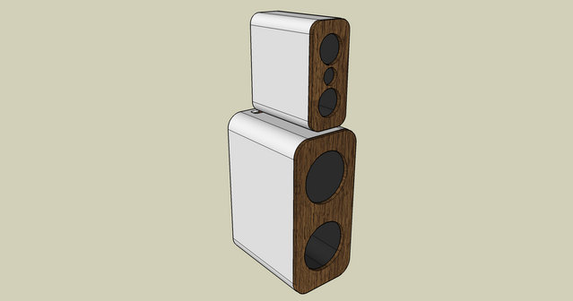 TS3 upper/lower cabinet concept - Cabinet prototype concept drawing for TS3 speaker. Micro perforated white satin exterior shell with solid Claro Walnut baffles.