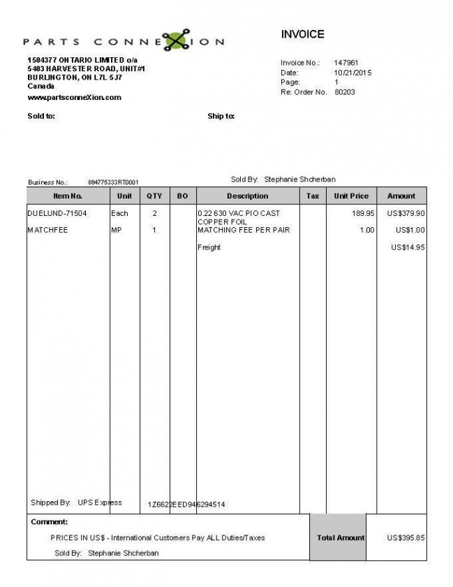 Parts Connextions Sales Invoices