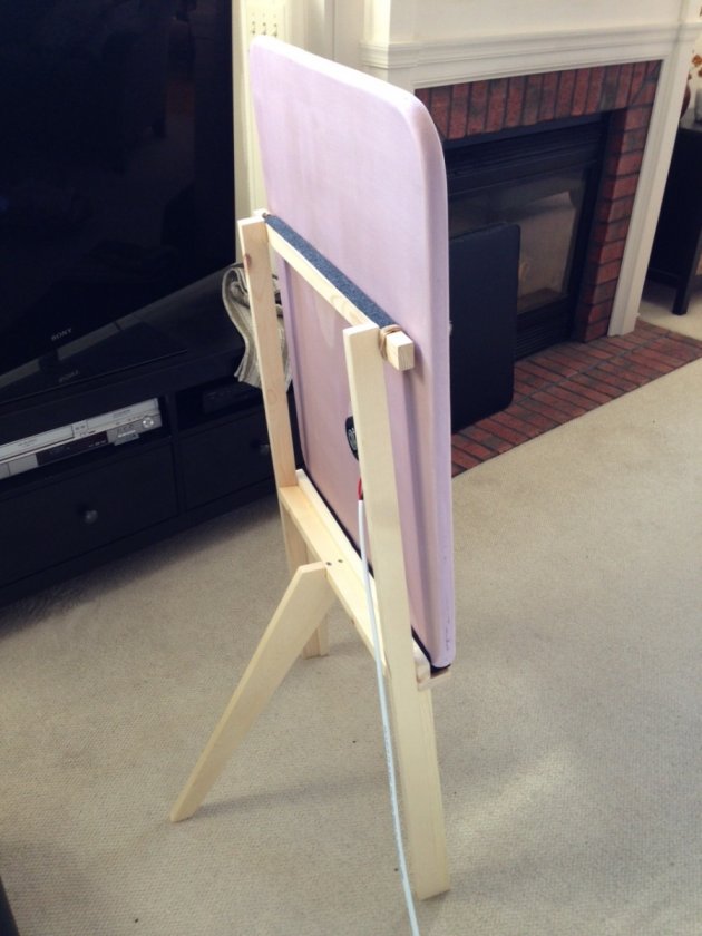 DML stands - version 1. Panel rests on soft fleece while top of panel rests on rubber bands or soft cloth if the exciter/panel needs more damping.