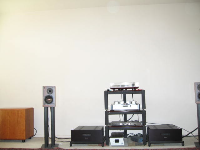 Oddysey Mono SE's flanking front end - In addition to the front end of the modified Rega, Shanling w. 396 tubes and Bryston .5B preamp: 

Odyssey Stratos Mono SEs, ProAc 1SCs and REL Stadium III, Atlantis stands (weigh 80 lbs ea.)