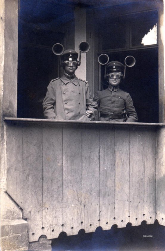 Directional sound finders used to detect incoming enemy planes in 1917.