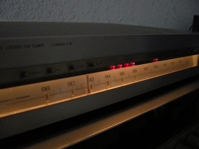 Luxman T-12 FM Tuner - Closeup of the slide rule dial of this vintage tuner.