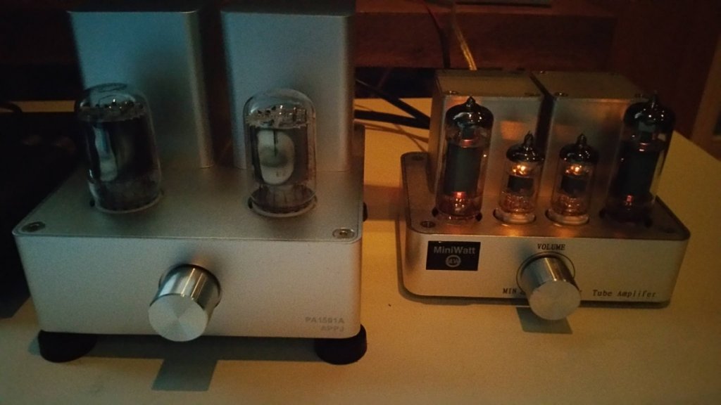 My first two tube amplifiers: A APPJ PA1501A 2 valve with 6AD10 tubes, and a MiniWatt S1 (PA 0803A-L) with 4 tubes 6J1 & 6P1.