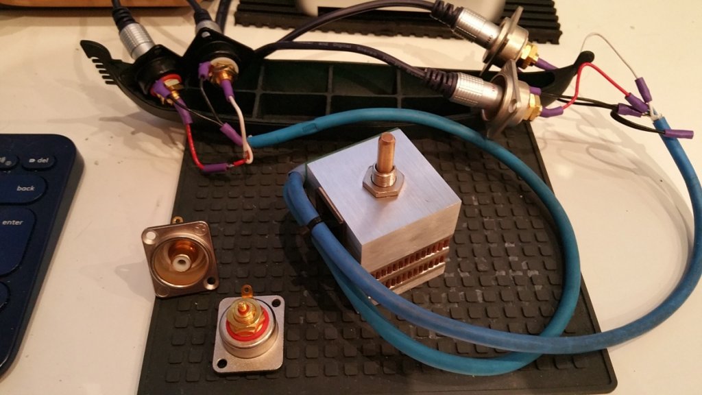 48 Dale resistors & 2 Caddock MK132 10k resistor (48 step passive shunt attenuator).