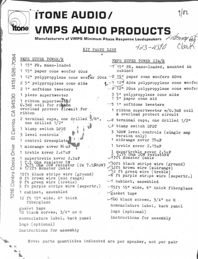 VMPS ST IIA/R kit parts list