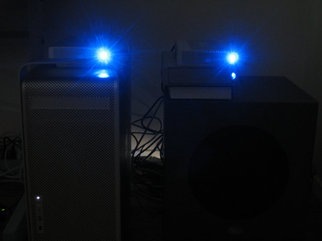 Right Side: OWC mercury 750GB stacked on LaCie 500GB Big Disk Ext to compare LEDs - OWC = TOO BRIGHT!!!!