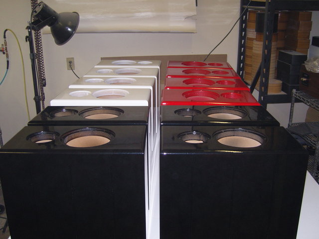 Cabinets 1 - Red, Black, and White Rapide cabinets being prepped for final polish.