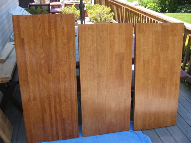 Butcher Block Table Tops: cut, sanded, stained and poly'd w 7 coats of semi-gloss ......WHEW, lotsa work!!! - top shelf: 46.5 x 19.5 x 1.75
lower shelves: 43 x 19.5 x 1.5