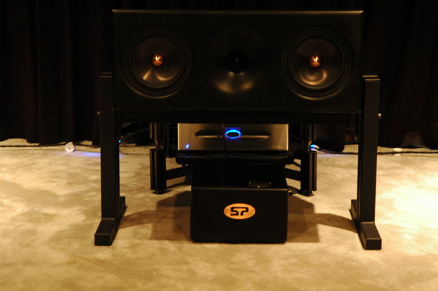 Custom Sound Anchor center channel stand - accommodates variable height adjustment, tilting and allows Mundorf external crossover box underneath it.