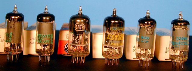 An Example of the supplied tubes - NOTE: Price Reduction!!! - From left to right we have (2) NOS Sylvania JHS 6AU6WB (reggedized version of the 6AU6), (1) NOS GE 6AT8, (1) NOS Ultratone 6AQ8, and (2)NOS Philips/ECG JAN 5749W (ruggedized version of the 6BA6). Manufacturers may vary on the 6AT8 and 6AQ8, but quality will be equal, or better, to those shown. Cost: $30.00 for all six tubes. Add an NOS RFT EZ80/6V4 for just $5.00 more. Add a NOS Quasar 6BL8 (manufactured by GE in Kentucky) for only $5.00 more. Special prices only available with Performance Pack."