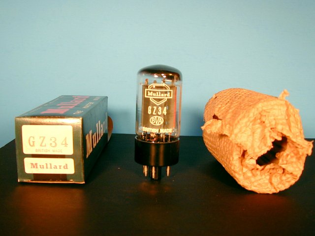 NOS NIB Mullard GZ34 (5AR4) - Perfect Lettering - CAREFULLY unwrapped for this photo. Draw your own conclusions.