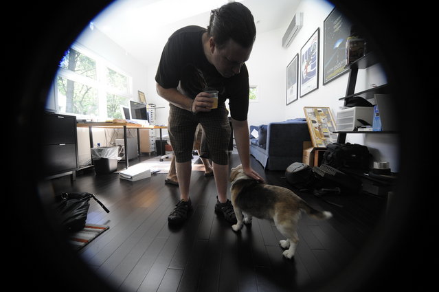 Mike petting the puppy