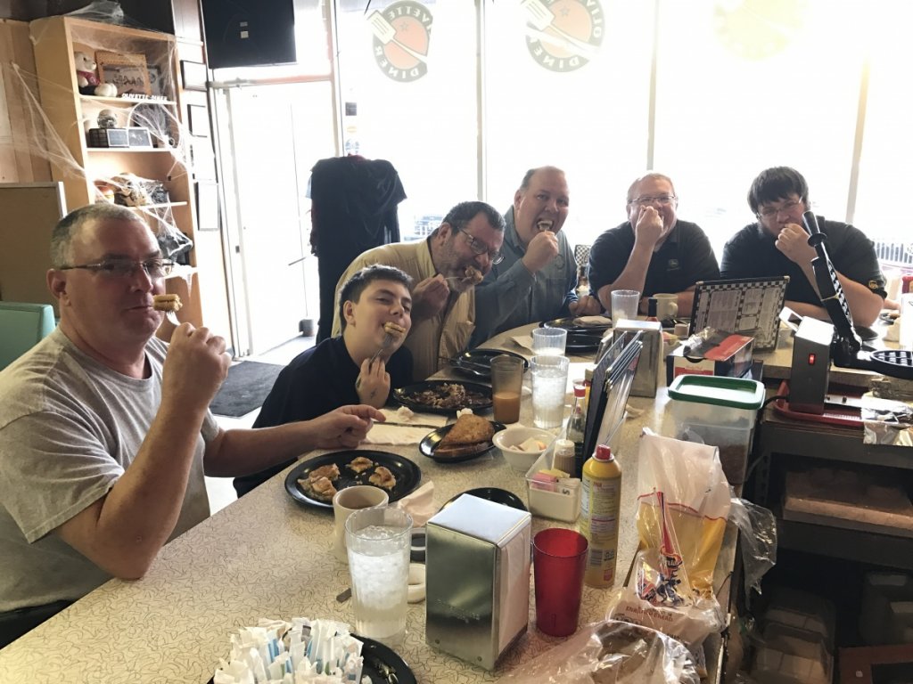 Gateway Audio Society members at the Olivetti Diner, recreating the Head east: Flat as a Pancake album cover. 10-29-2016