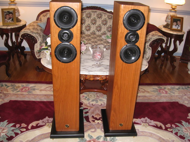 GR Research AV-3 TL Tower Speakers - Front view without grills.Natural cherry finish.