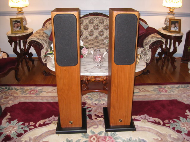 GR Research AV-3 TL Tower Speakers - Front view with grills in place.Natural cherry finish.